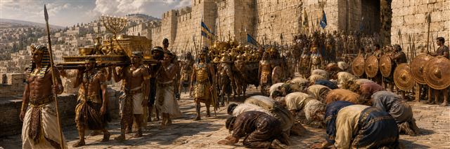 Humbled Judean leaders bowing as Egyptian soldiers remove temple treasure and golden shields